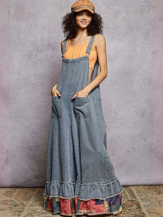 POL Pants - Pol Textured Denim Overalls 100%Cotton Wide-Leg Blue Size L Loose Fit Ruffle Hem